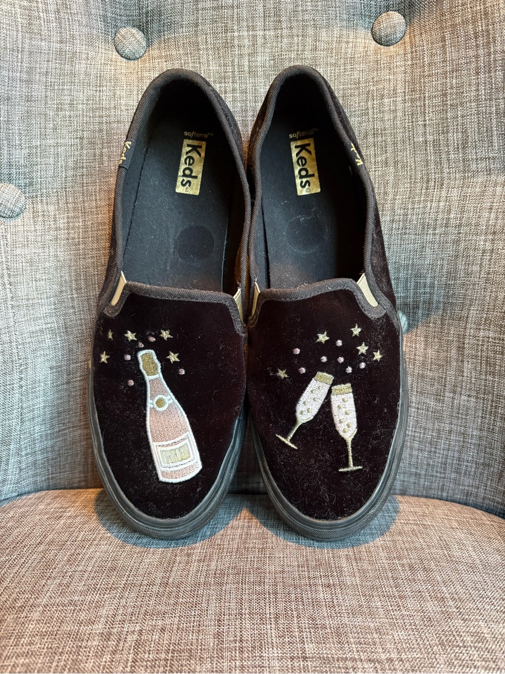 Keds Women’s Velvet Slip-On Sneakers in Black with Champagne Embroidery 9.5